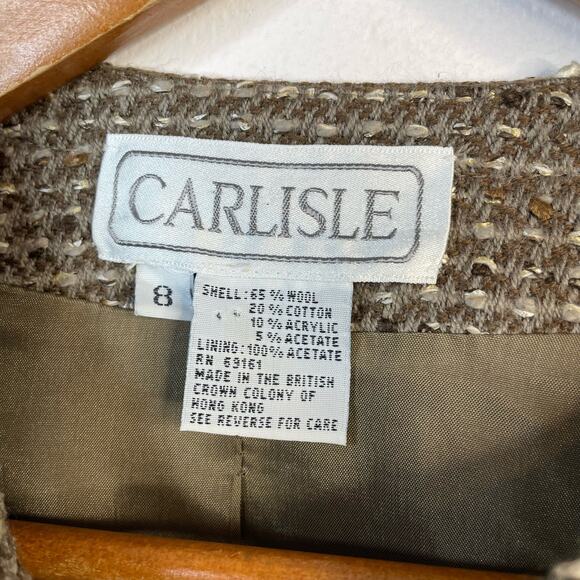 Carlisle Vintage 80s 90s Taupe Classic Tailored Tweed Wool Cropped Jacket 8 M - Picture 11 of 12
